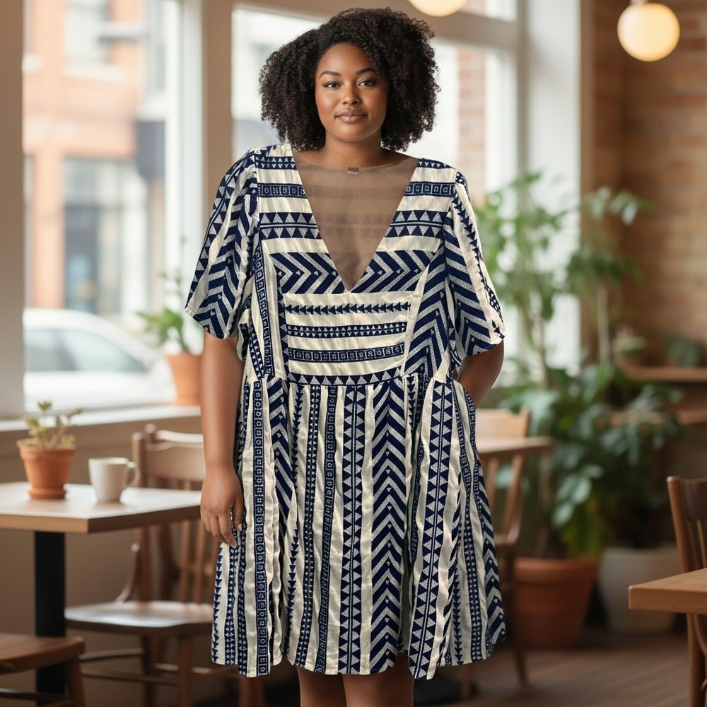 NWOT Old Navy Blue White Geometric Tribal Print Fit & Flare Dress Pockets Large